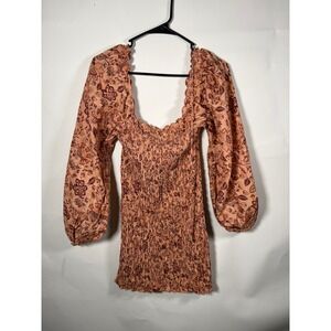 Free People Smock It To Me Mini Dress Peach Burgundy Puff Sleeve Womens Size M